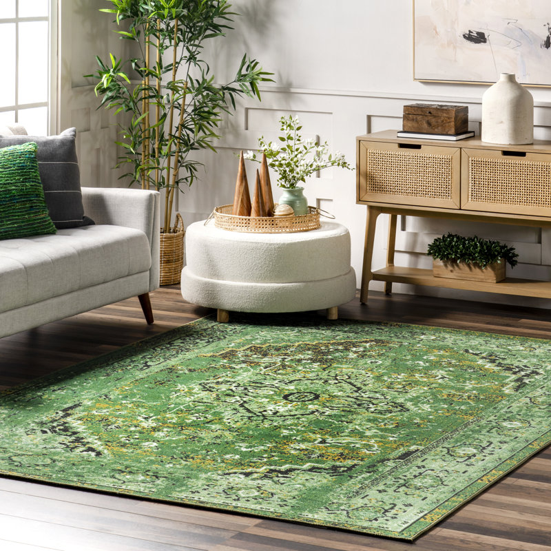 Bowning Oriental Power Loom Performance Green Rug, Rectangle 5' x 8'