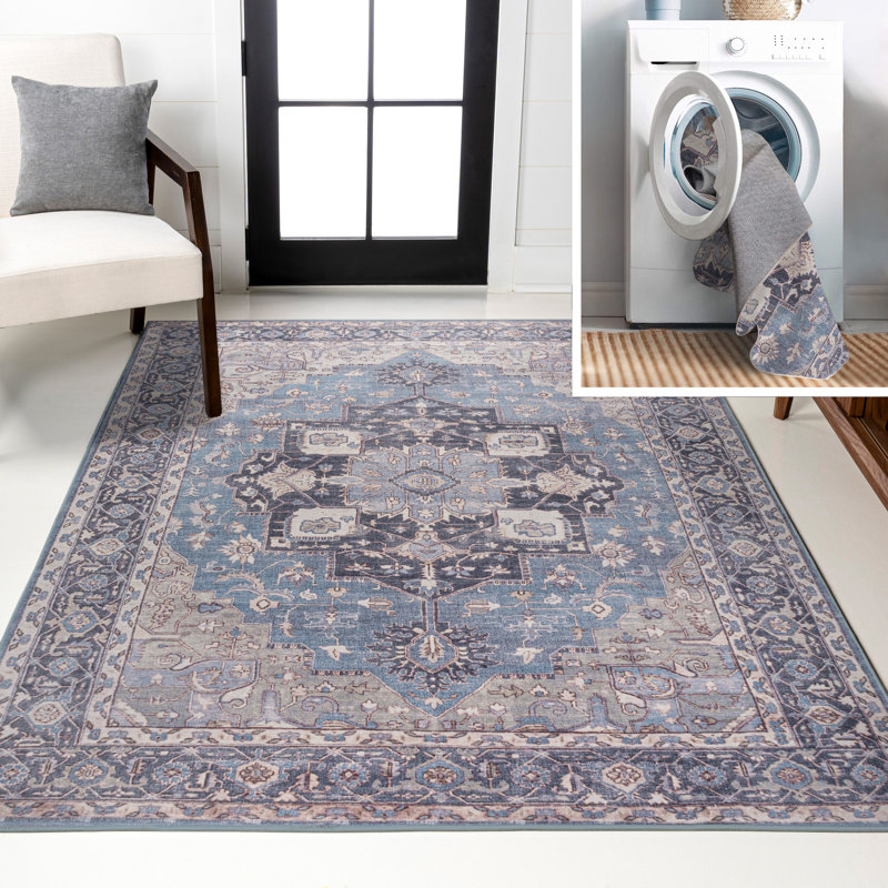 Sarok Ornate Medallion Machine-Washable Blue/Cream Rug, Rectangle 2'11" x 5'