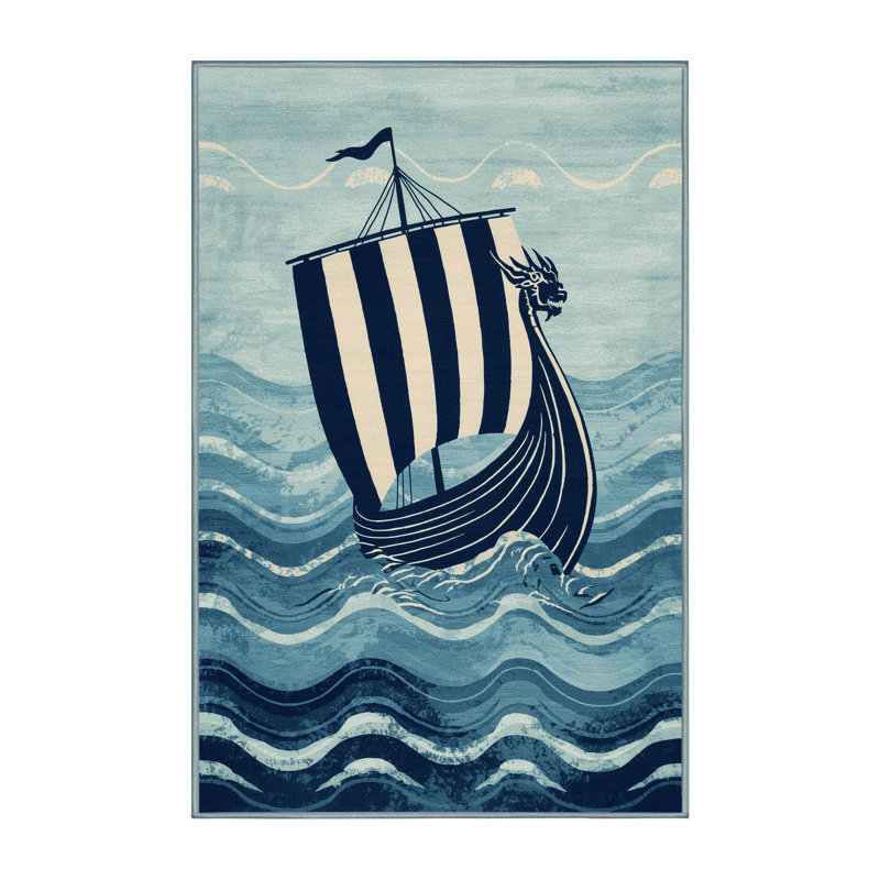 Machine Washable Daleville Viking Longship Nautical Striped Rug in Green – SkyBlue Binding, 2x3