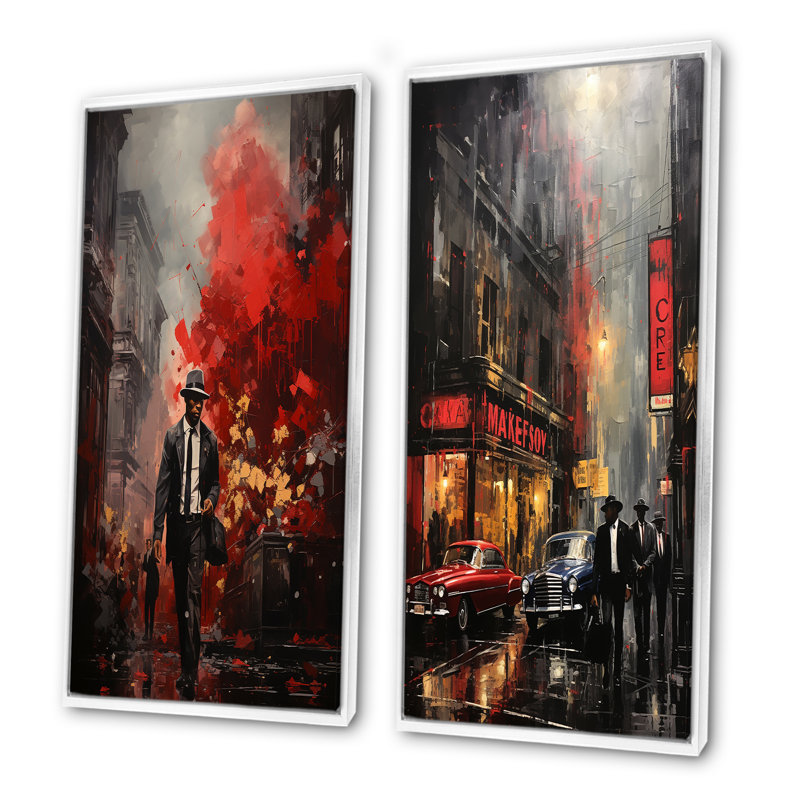 Red Harlem Nights At The Cotton Club II - ensemble de salon Harlem Renaissance Wall Art de 2, Cadre flottant blanc