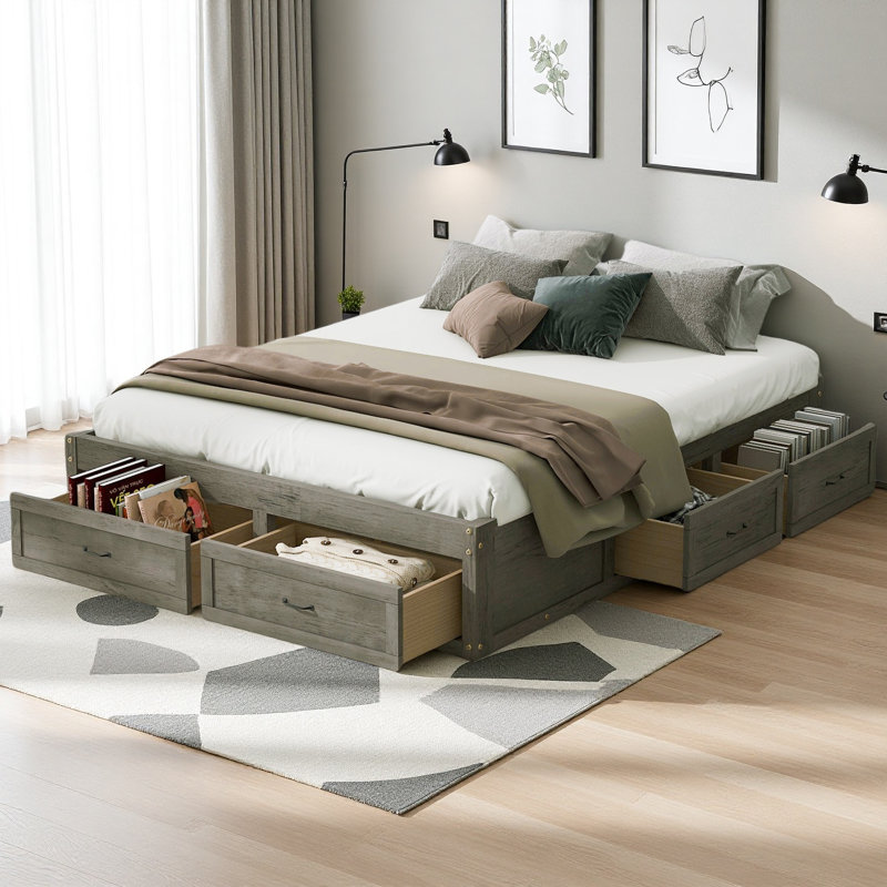Lit plateforme avec 6 tiroirs de rangement, Gris antique, Grand lit