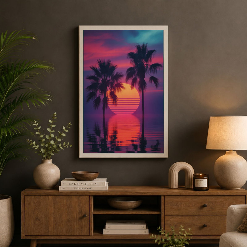 Tropical Sunset Paradise Retro - Wrapped Canvas, 18x12 - 45.7 x 30.5 cm, Terracotta Border
