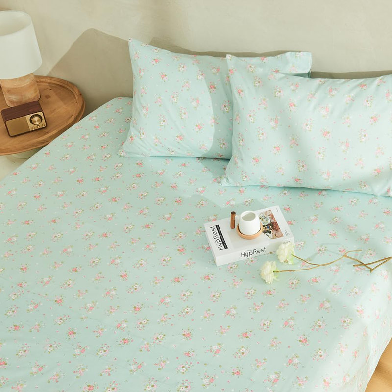 Ensemble de draps 4 pièces HYPREST Floral, Ensemble de draps pour grand lit avec 2 taies d'or, Bleu / Vert