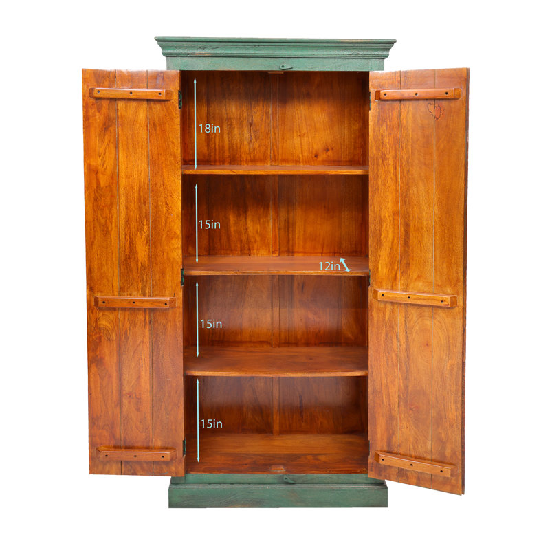 Cameren White Antique Solid Wood Hand Carved 2 Door Peacock Cabinet, Green