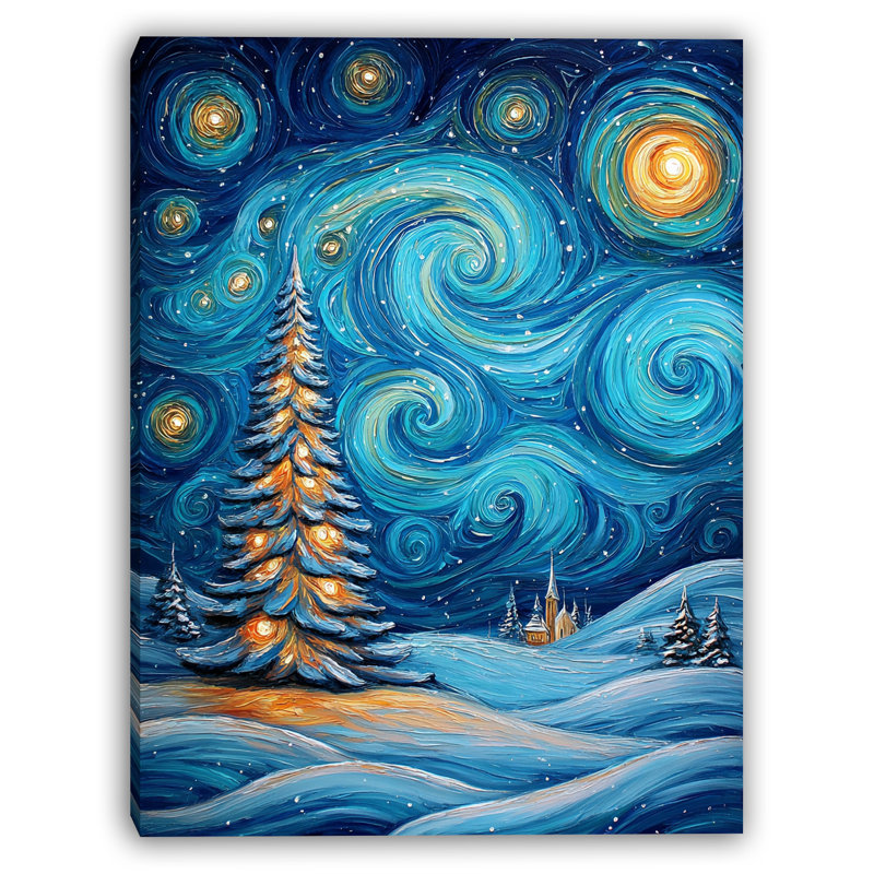 «Starry Winter Night Landscape», art mural sur toile tendue, H 48 po x l 36 po