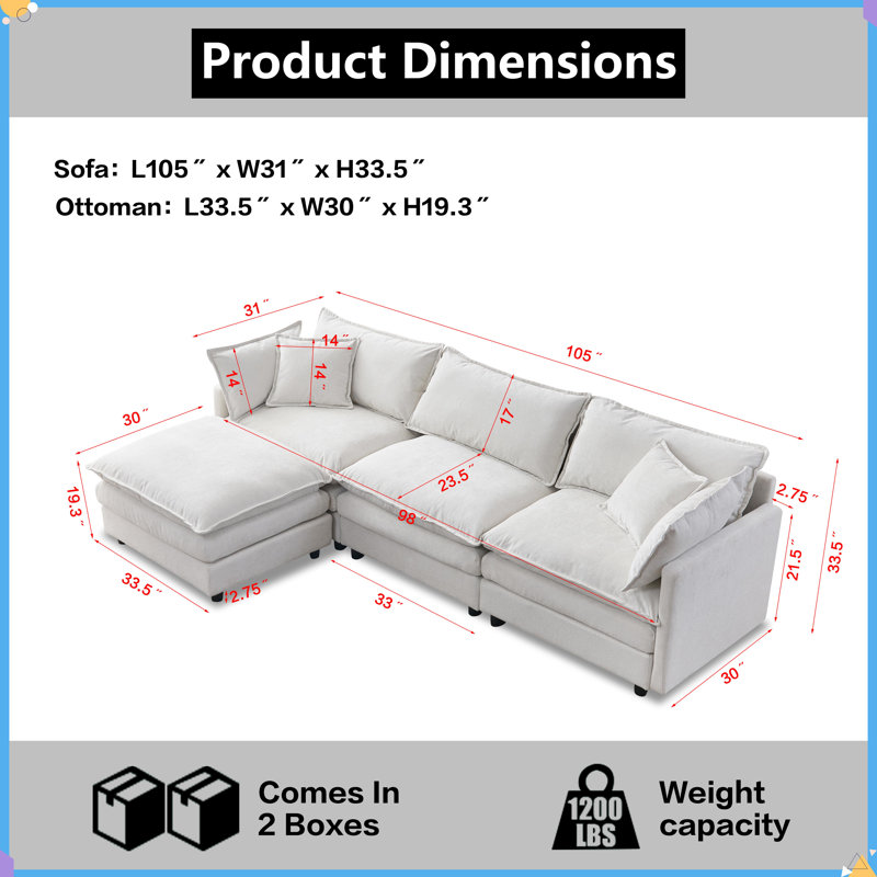 Canapé modulaire en L de 105 po avec repose-pieds en tissu chenille de 105 po beige, Chenille beige