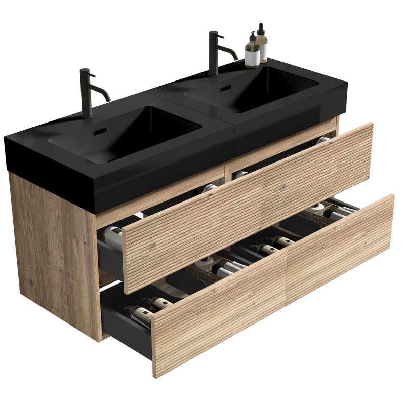 Meuble-lavabo de 48 po avec lavabo noir et tiroirs en chêne brut, fixation murale de style Mid-Century moderne, poignée double dissimulée pour les personnes âgées, finition à l'eau de qualité E0, résistance à l'eau du système