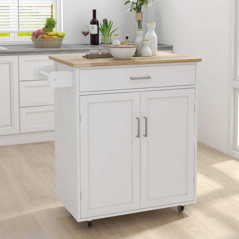 Îlot de cuisine avec chariot à roulettes avec tablettes réglables et plateau à serviettes en bois d'hévéa