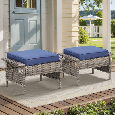 Outdoor PE Wicker Ottoman Set of 2, Patio Gray Rattan Footrests with Blue Cushions for Backyard or Deck