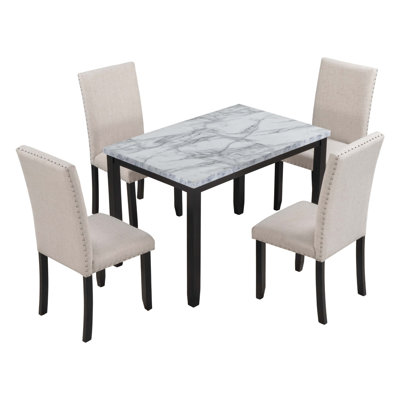 Faux Marble 5-Piece Dining Set Table with 4 Thicken Cushion Dining Chairs Home Furniture, White/Beige+Black -  Red Barrel Studio®, 1889EF6EFFD345A2843287C088BB87F1