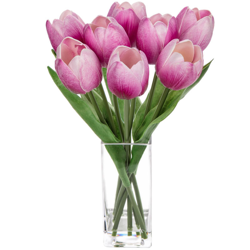 Fleurs artificielles de tulipes artificielles dans un vase transparent, Rose