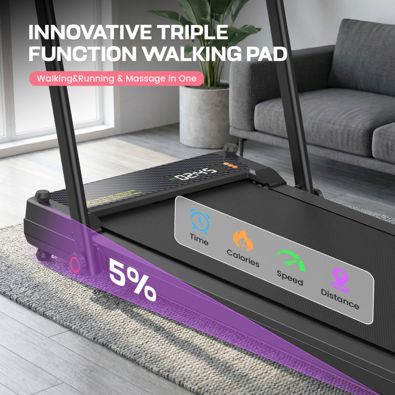 3.5Hp Treadmill With Foot Massage/Vibration Massage, Foldable Walking Pad Treadmill With Handle Bar For Home/Office, Black