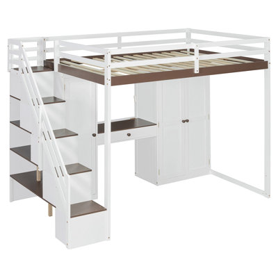 Lit mezzanine double avec escalier de rangement, coiffeuse intégrée avec miroir et tiroir, armoire et armoires, ports et lumières de charge USB, blanc et brun