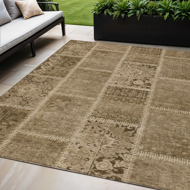 Tapis d'extérieur lavable en patchwork brun et beige 5 pi x 8 pi
