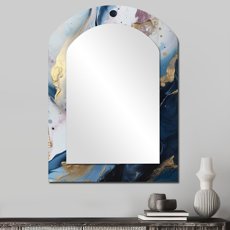 Bleu et blanc Enigmatic Stones II - miroir mural arqué en marbre, miroir décoratif asymétrique moderne, impression d'art en métal