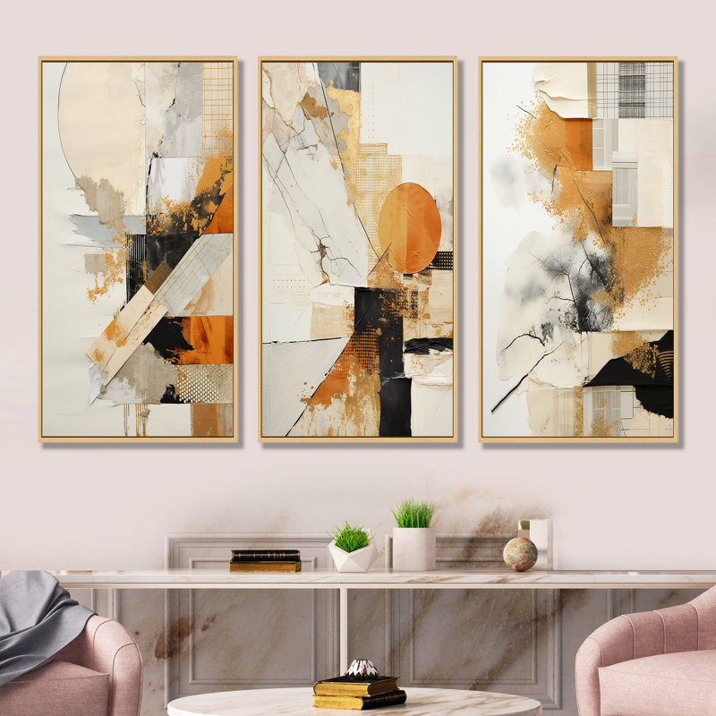 «Black Twilight Dream Abstract Collages I», ensemble de 4 reproductions d'art sur toile, Cadre flottant brun