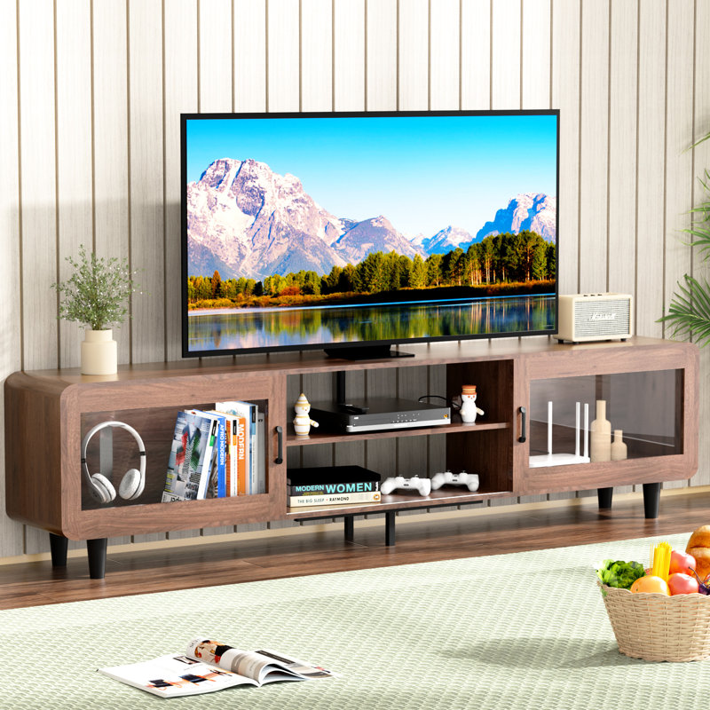 Meuble audio-vidéo en noyer de 60 à 69 pouces avec portes coulissantes et support de rangement en bois peu commun, tablettes ouvertes