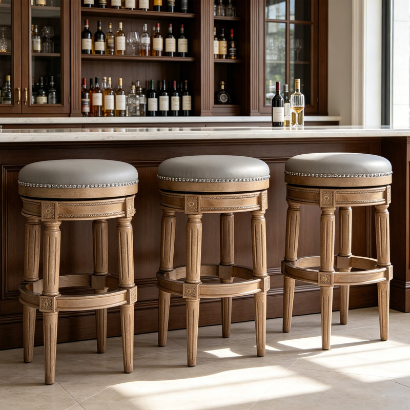Tabouret de comptoir pivotant de 26 à 30 po de hauteur avec structure en bois massif, Antique Oak, Gray, 3