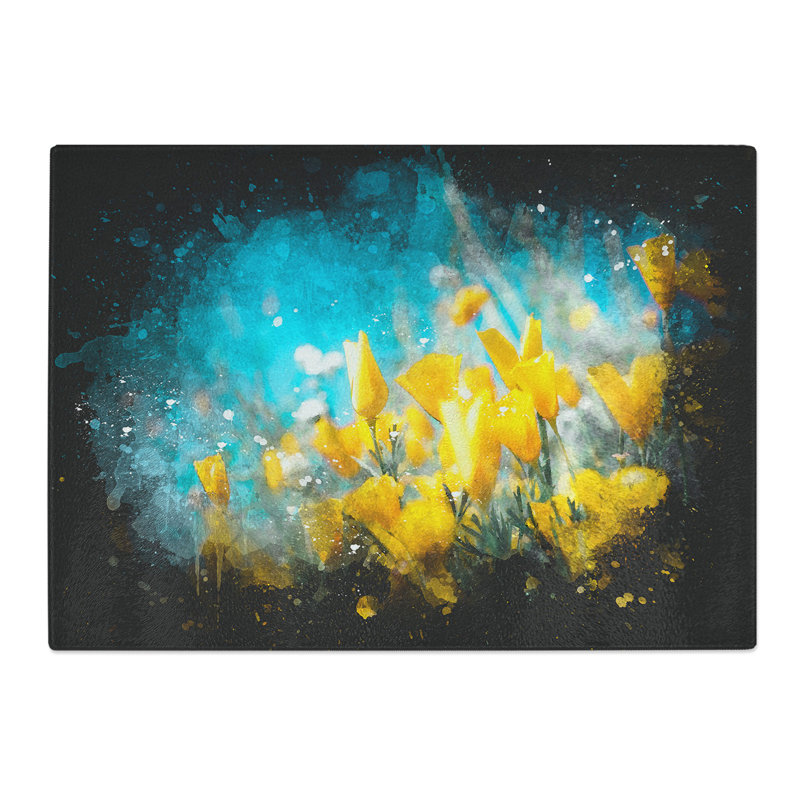 Tempered Glass Blooming Flowers Paint Splash Chopping Board, 28.5 cm x 39 cm
