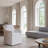 White Linen Upholstered Dining Chair With Side Pocket And Casters