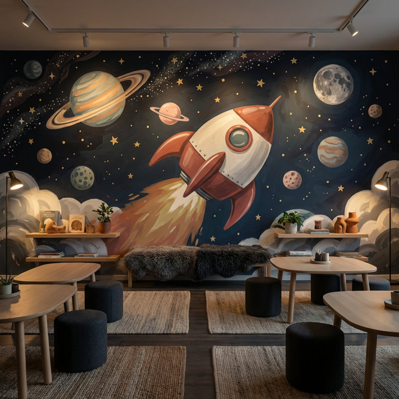 Starry Night Wallpaper Rocket Space Wall Mural, 100"x96", Peel and Stick