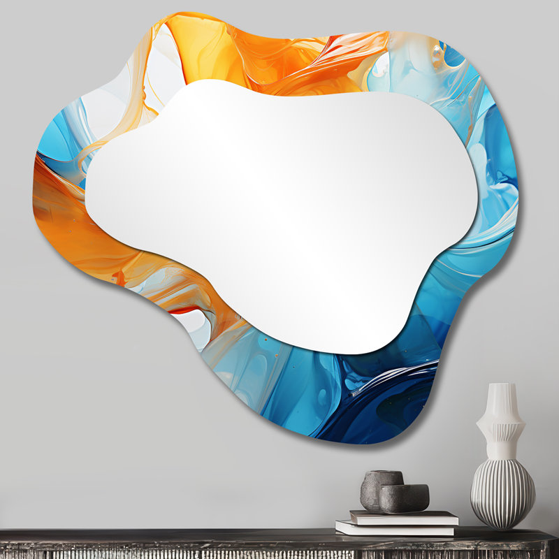 Orange orange, vagues bleues atteignant la plage II - miroir unique asymétrique à encre liquide, grand miroir mural orange, impression sur métal