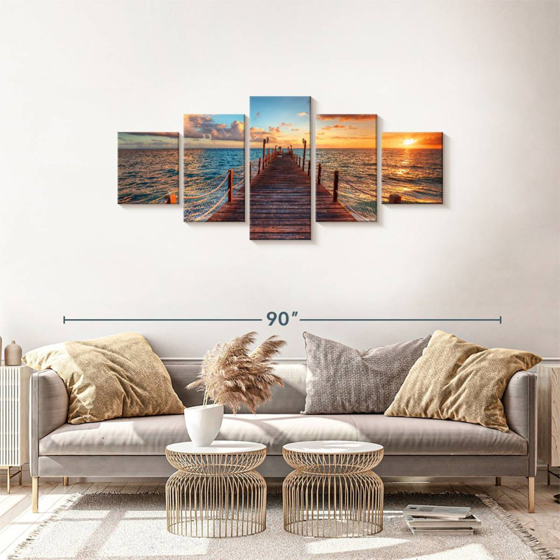 Coucher de soleil au-dessus d'un quai sur toile, ensemble de 5 pièces, H 68 po x l 30 po x P 1,25 po
