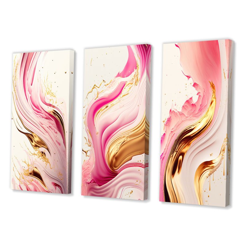 «Bold Pink and Gold Flow Art», 3 pièces sur toile, H 20 po x l 36 po, Toile tendue