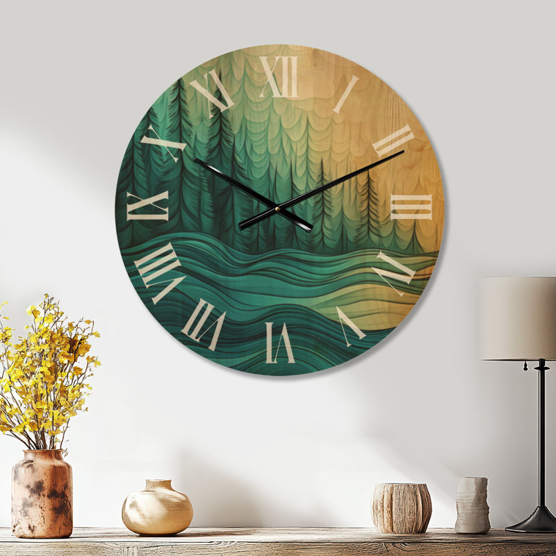 Horloge murale surdimensionnée - Forêt de pins enchantée avec ondulations du lac, imprimée sur bois, Large