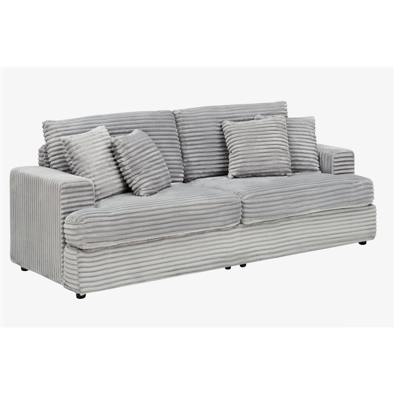 Canapé en velours côtelé de 79,3 pouces de long avec 4 coussins décoratifs épurés et confortables pour un salon moderne, gris