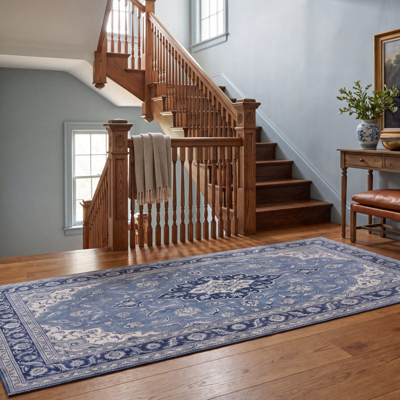 Tapis persan traditionnel à médaillon en calcaire, bleu, gris et crème, lavable à la machine, antidérapant, à poils courts, pour intérieur et extérieur, adapté aux animaux domestiques, idéal pour le salon, la chambre, la salle à manger, l'entrée, le corridor ou le bureau.