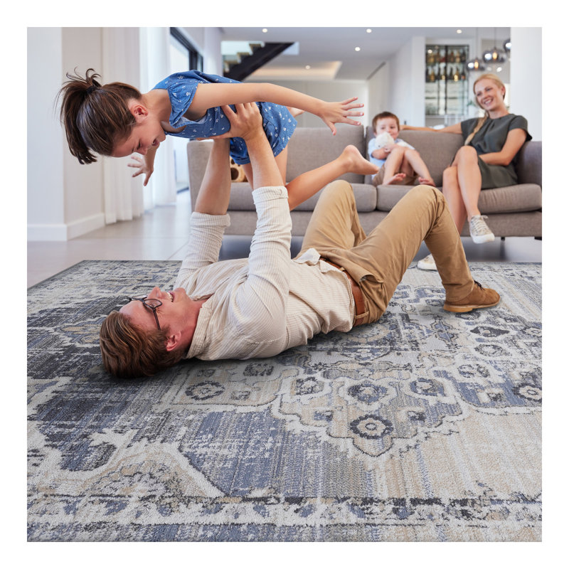 Tapis crème / bleu / médaillon Collection, Tapis de couloir 2 pi 2 po x 8 pi