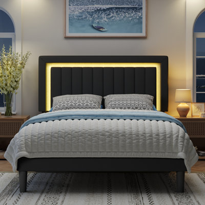 Modern LED Platform Bed With Adjustable Headboard, Wide Light Band, Velvet Upholstery & Quick Assembly