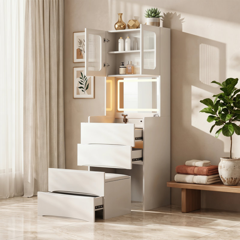 Table de coiffeuse 3-en-1 avec miroir à DEL et tabouret de rangement, coiffeuse de maquillage à dessus rabattable avec lumières réglables, organisateur de cosmétiques à 5 espaces de rangement pour la chambre à coucher
