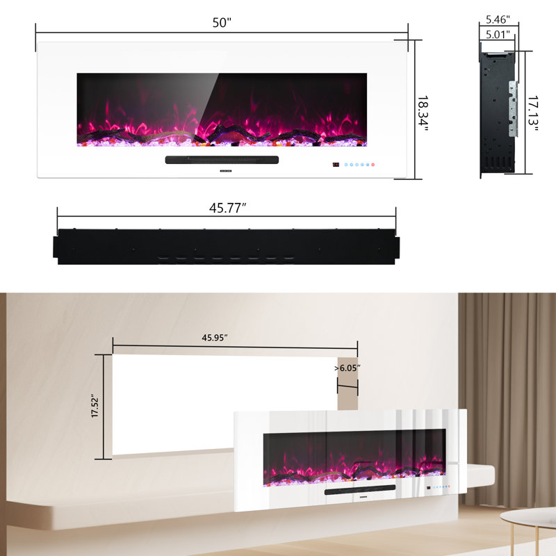 Abbriella Recessed/Wall-mounted  Electric Fireplace With Remote Control, 18.34" H x 50" W x 5.46" D, White