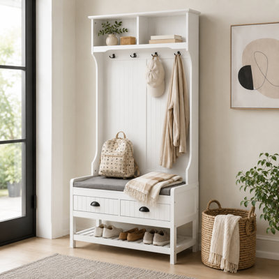 Banc d'arbre d'entrée 67,38 pouces 3 en 1 blanc pour vestibule - Combine un portemanteau, un porte-chaussures et un siège rembourré; Comprend 2 tiroirs et 4 crochets