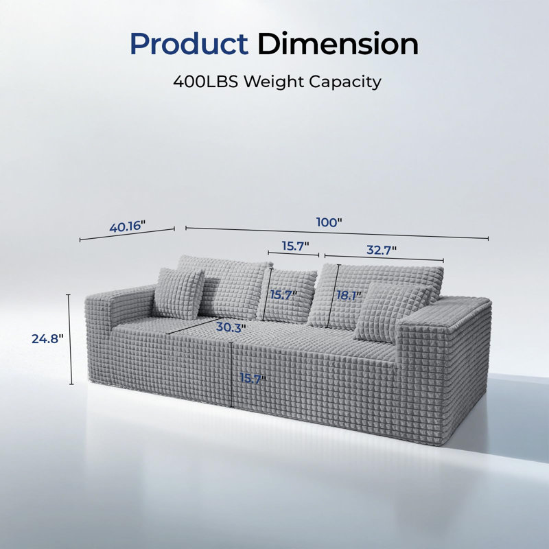 90" Boneless Sofa Couch,3-Seater Deep-Seat Corduroy Lounge Sleeper Sofa - No Assembly, Frameless Foam Cloud Couch for Living Room, Bedroom, Apartment, Dorm, Office