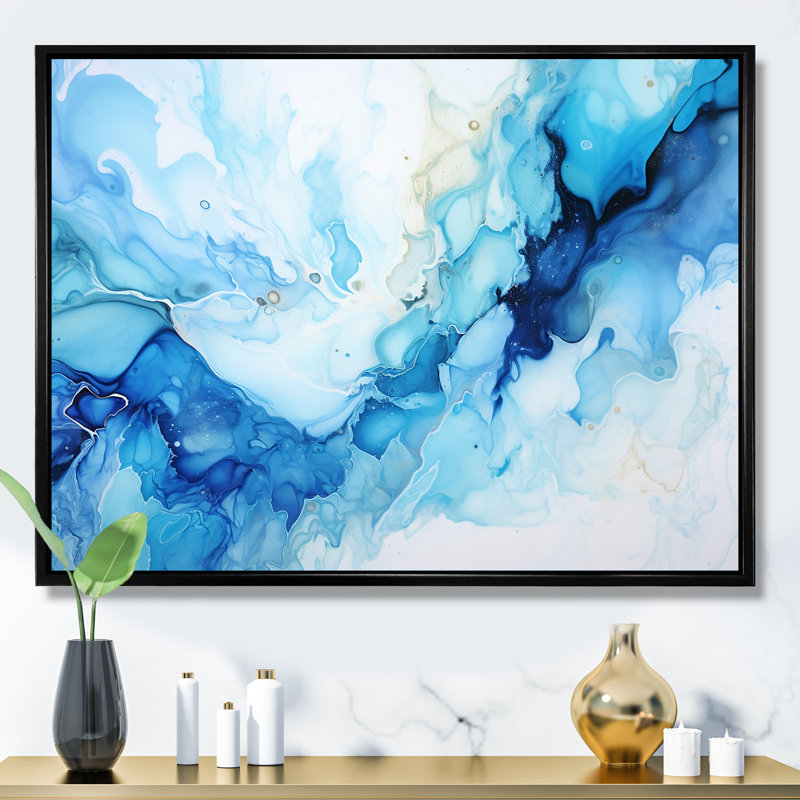 Encre liquide bleu océan et blanc I sur toile, Cadre flottant noir, 16" H x 32" W
