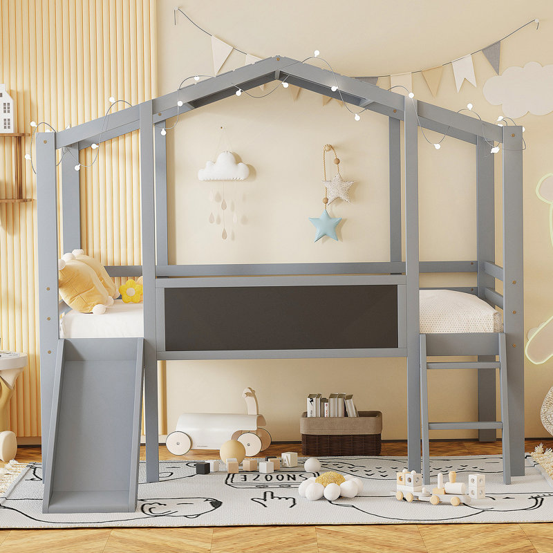 Lit mezzanine avec échelle et lit coulissant Anice, Gris