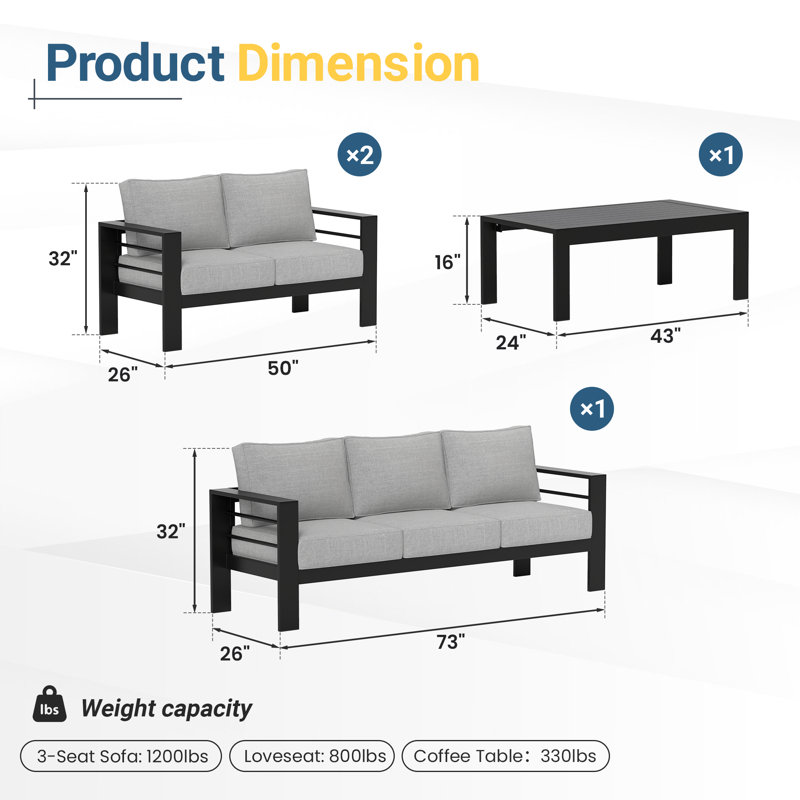 4-Piece Aluminum Patio Conversation Set With Cushions, Black Frame/Light Grey Cushion 