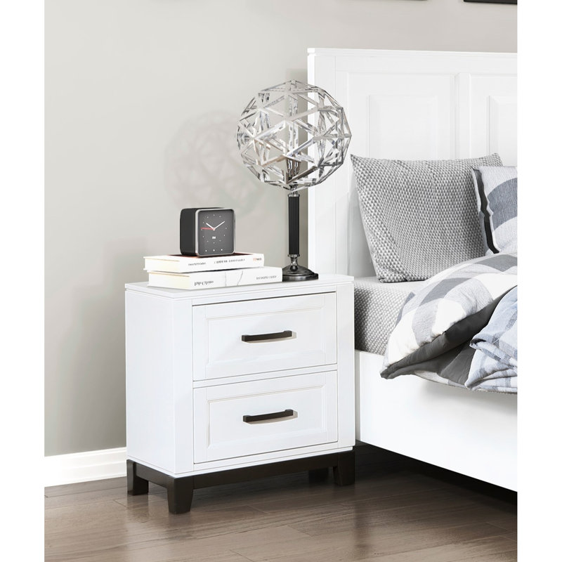 Table de chevet blanche à 2 tiroirs - Pièce de mobilier de chambre en bois blanc