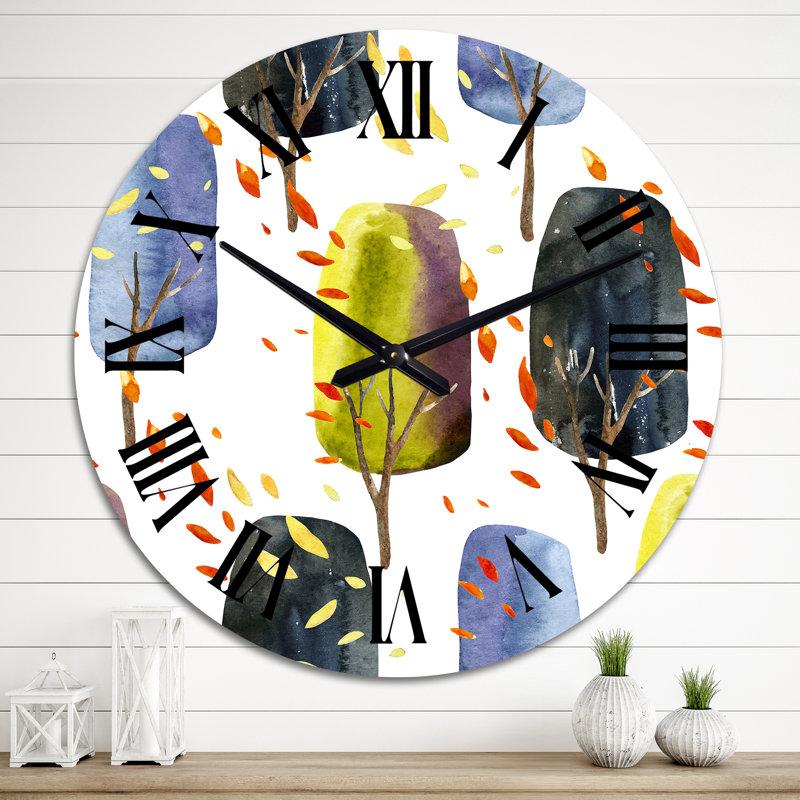 Horloge murale rétro à motif d'arbres d'automne avec feuilles tombantes I, Moyen