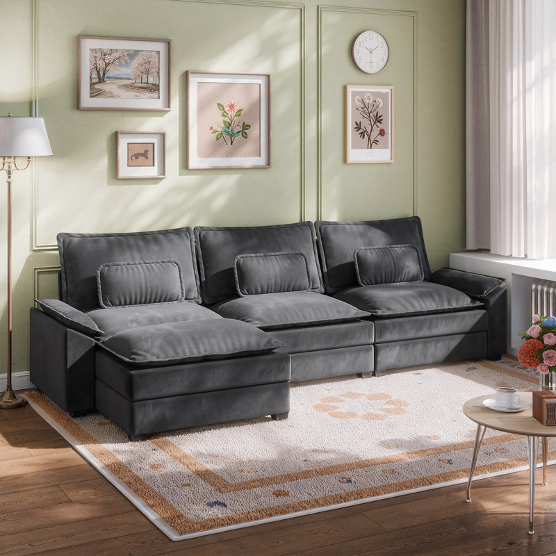116'' Wide Modular Sectional Sofa With Removable Cushions, Ottoman, And Boucle Upholstery, Gray