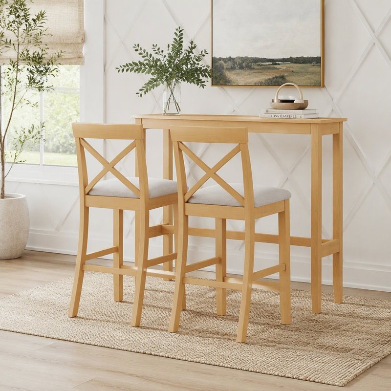Farmhouse Style Rectangular Wood Bar Height Dining Set With Two Chairs For Compact Kitchen Breakfast Nook Spaces