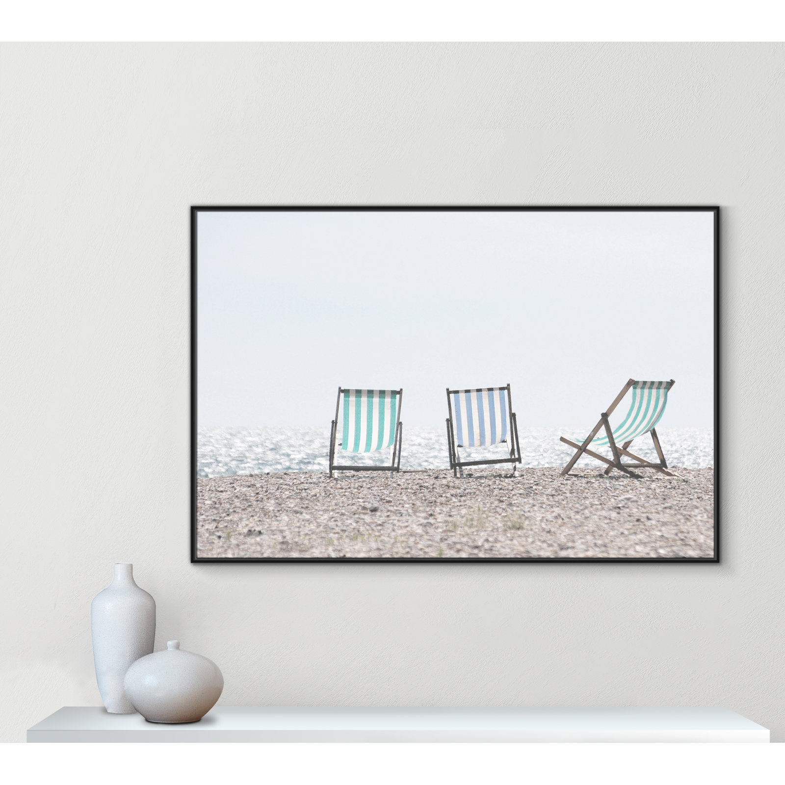 Adriatica "Beach Chairs" Print, 41.5" H x 61.5" W x 2" D, Black Framed Canvas