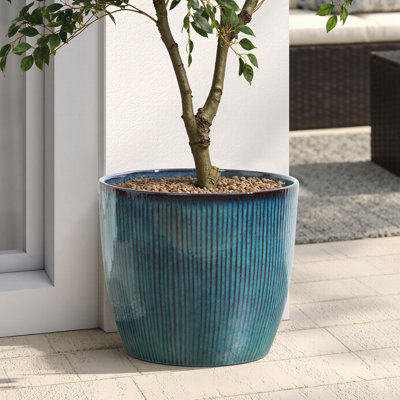 Grand pot à fleurs rond de 15 po de diamètre avec ligne verticale, pot de fleurs en céramique bleu moderne