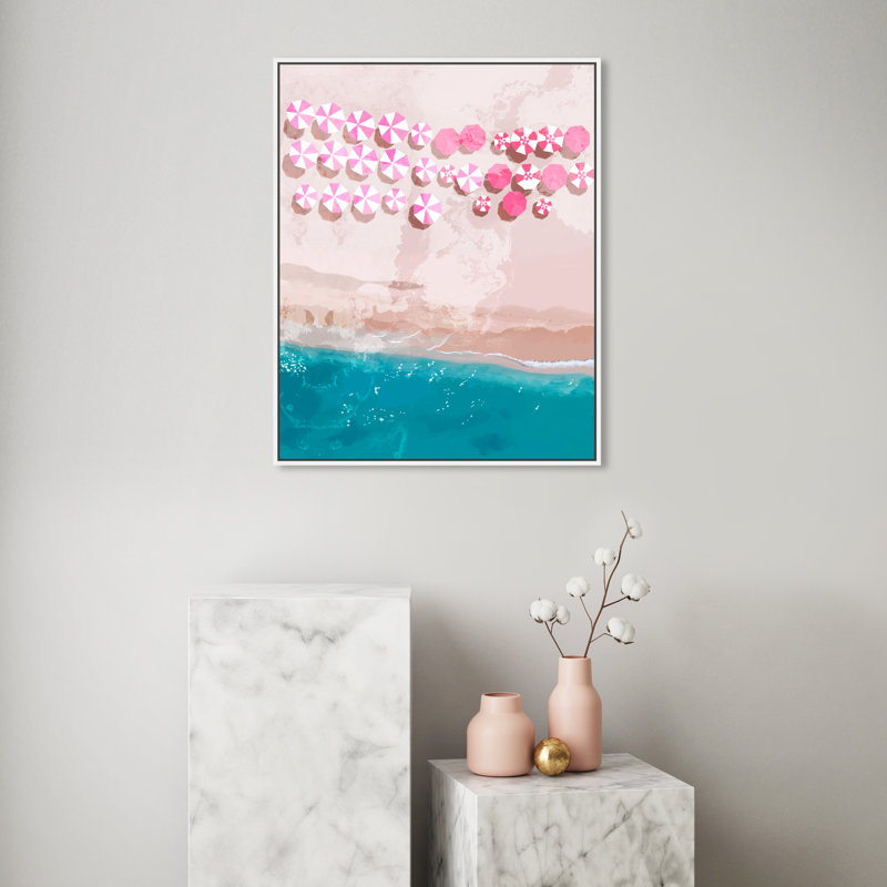 Parasol de plage rose, été bleu océan côtier Glam - peinture, Cadre flottant en bois blanc, H 30 po x l 24 po x P 1,75 po