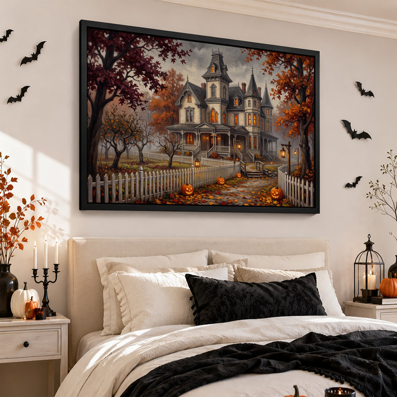 Toile victorienne avec feuilles d'automne et Jack O Halloween, 16"H x 24"W
