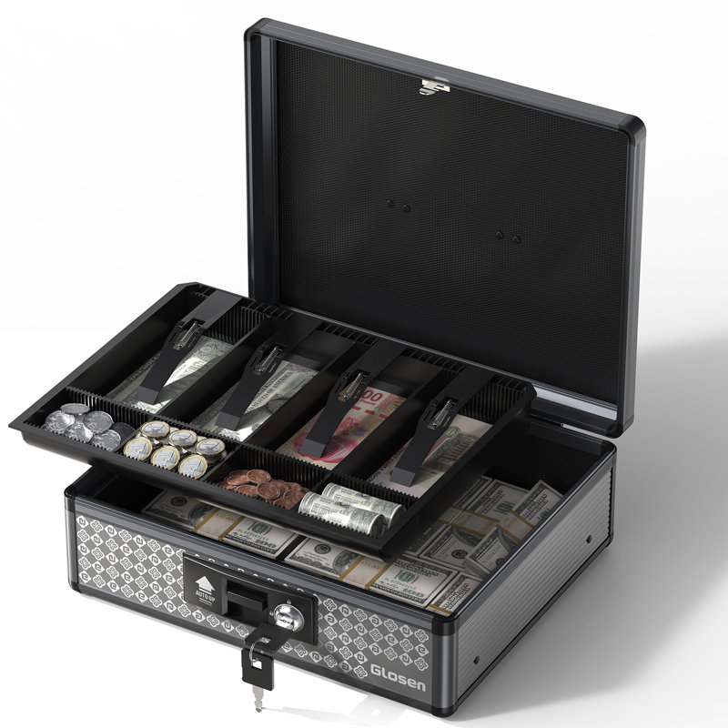 Tirelire Gloser avec serrure, tirelire avec serrure à clé et plateau à pièces amovible 11,42 x 5,31 x 13,5 pouces (noir, très grand)