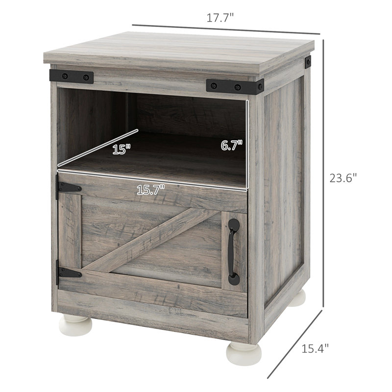 HOMCOM Small Side Table With Storage, Farmhouse End Table With Open Shelf And Cupboard, Modern Sofa Table With Wood Legs For Living Room, Gray